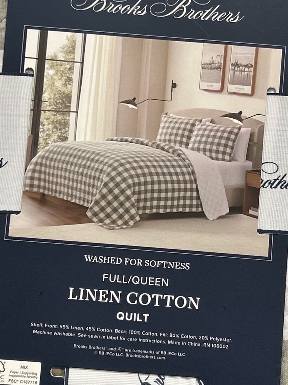 Brooks Brothers Full/Queen Linen Cotton Green and White Plaid Quilt 88”x92” - Picture 3 of 3